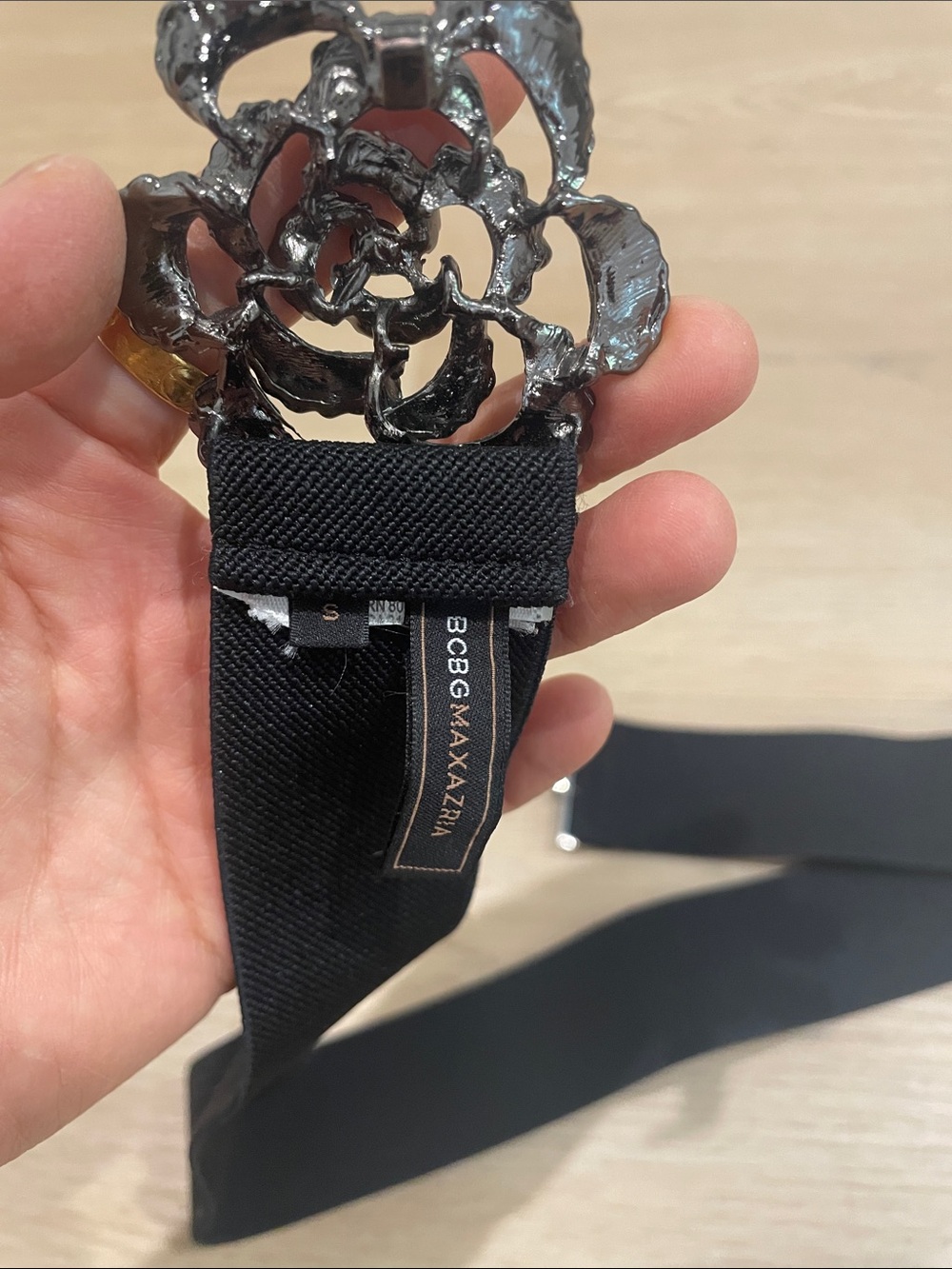 BCBGMaxAzria Black Stretch Waist Belt with Sparkling Flower Buckle - Picture 2 of 5